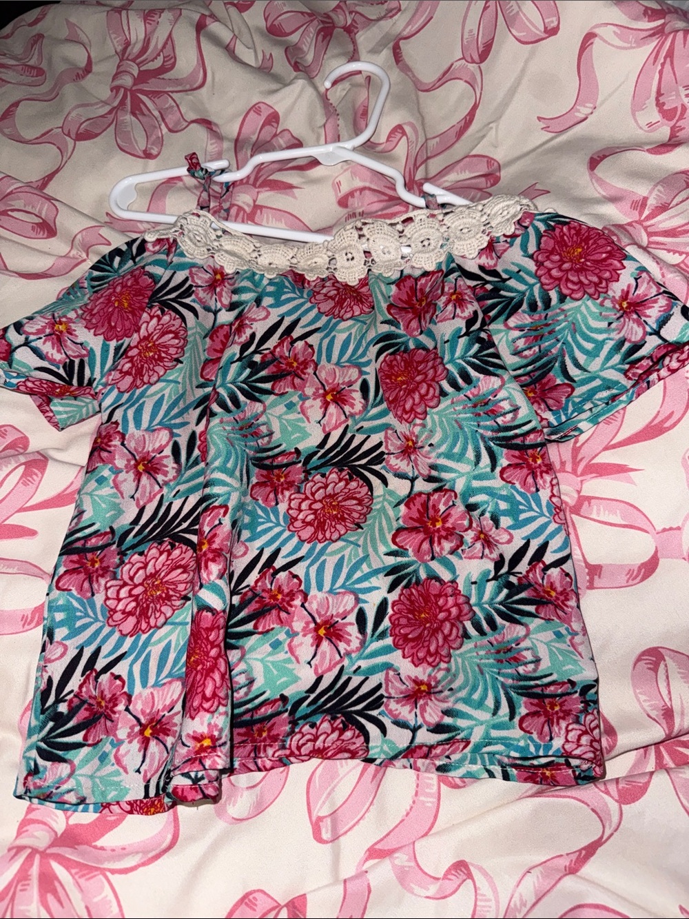 Girls Floral Off-Shoulder Top with Lace Trim - Pink & Teal